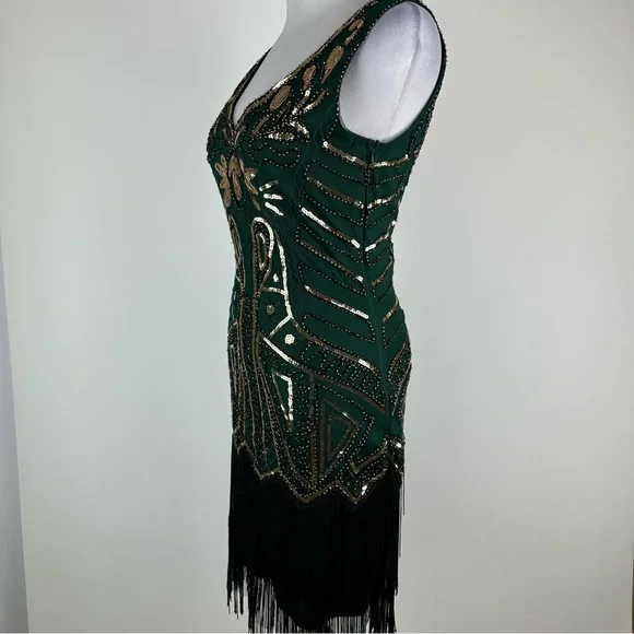 BABEYOND Green Gold Art Deco Sequin Flapper Dress Size XS - Picture 8 of 14
